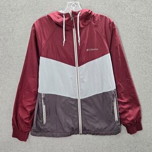 Columbia Women Jacket Small Red Colorblock Windbreaker Gray Full Zip Hoodie Logo
